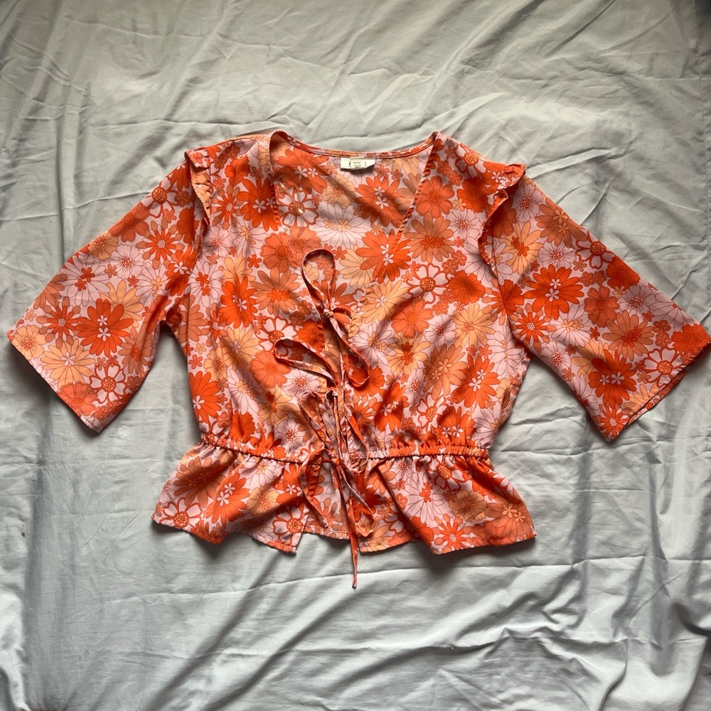 A.n.a Floral Print Tie Front Ruffle Shoulder Blouse